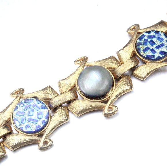 Vintage High End Couture Mixed Materials Mosaic Ceramic Brushed Bracelet - Picture 2 of 9